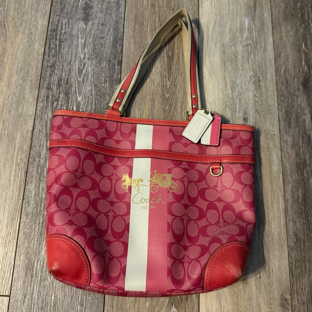 Coach Pink Signature Heritage Stripe Tote Bag